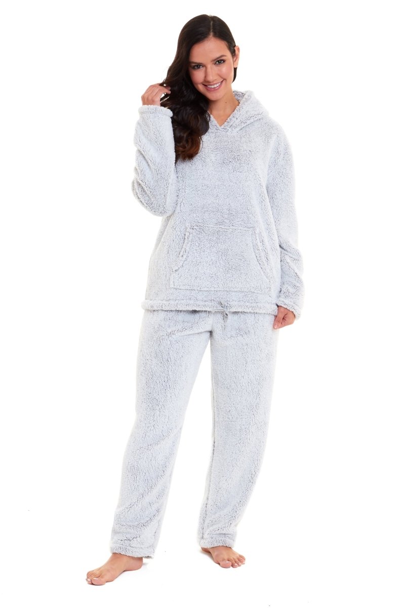 OLIVIA ROCCO Womens Plush Fleece Hooded Pyjama Set Grey Soft Teddy Fabric UK Size 8 - 22 - Joe’s Haven