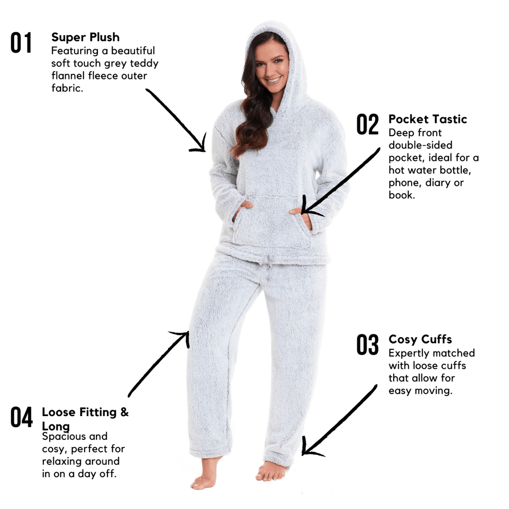 OLIVIA ROCCO Womens Plush Fleece Hooded Pyjama Set Grey Soft Teddy Fabric UK Size 8 - 22 - Joe’s Haven