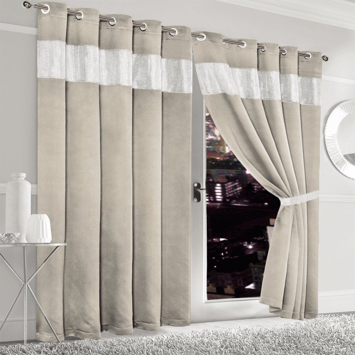 Diamante Natural Blackout Eyelet Curtains with Tie Backs - Joe’s Haven