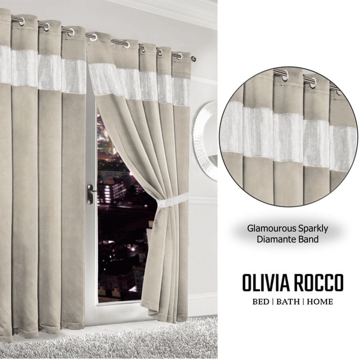 Diamante Natural Blackout Eyelet Curtains with Tie Backs - Joe’s Haven