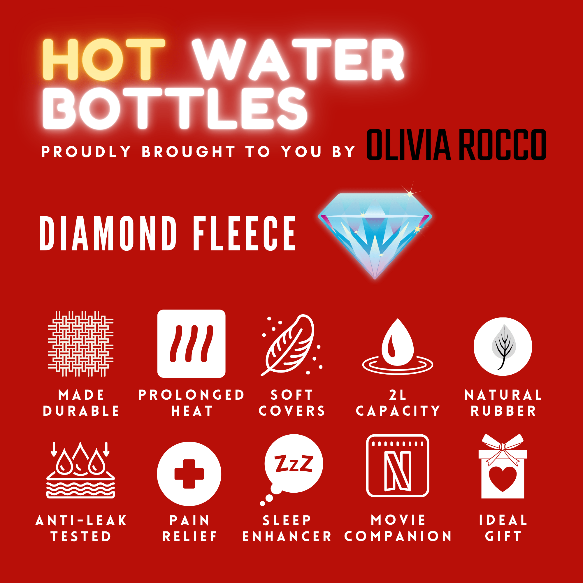 Diamond Fleece Plush Hot Water Bottle 2L with Pom Poms