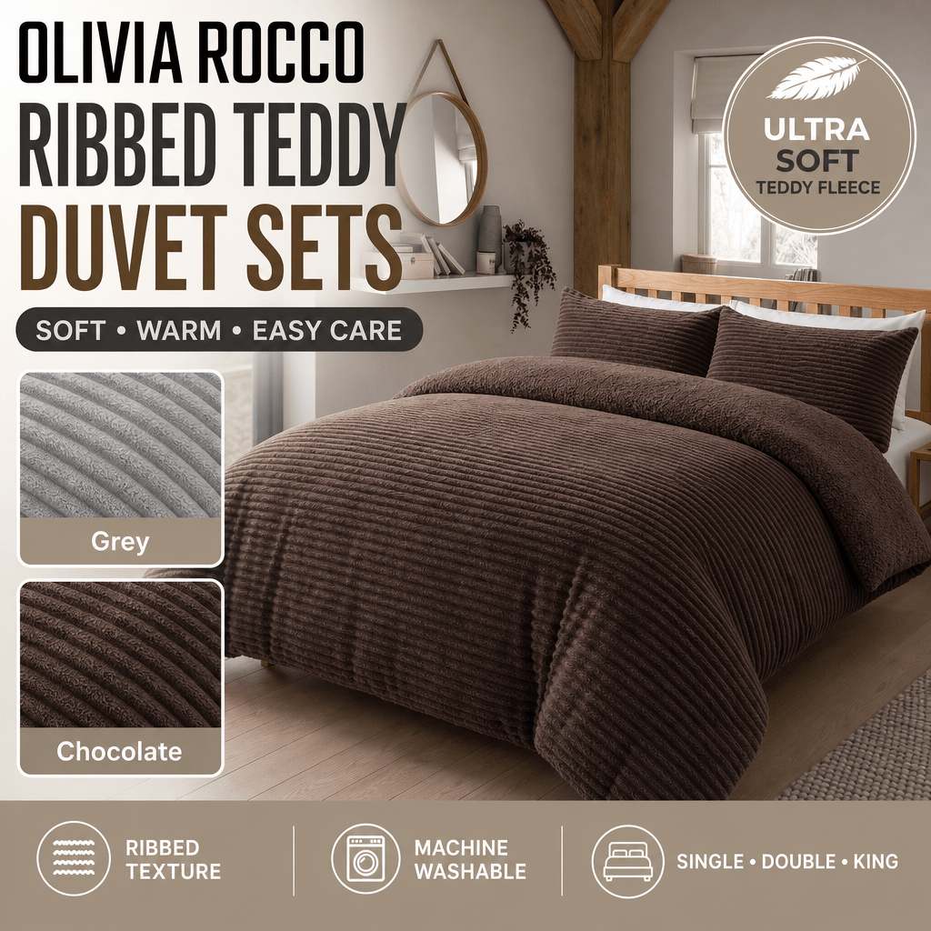 OLIVIA ROCCO Ribbed Fleece Reversible Teddy Duvet Set OEKO-TEX Certified Multiple Sizes - Joe’s Haven
