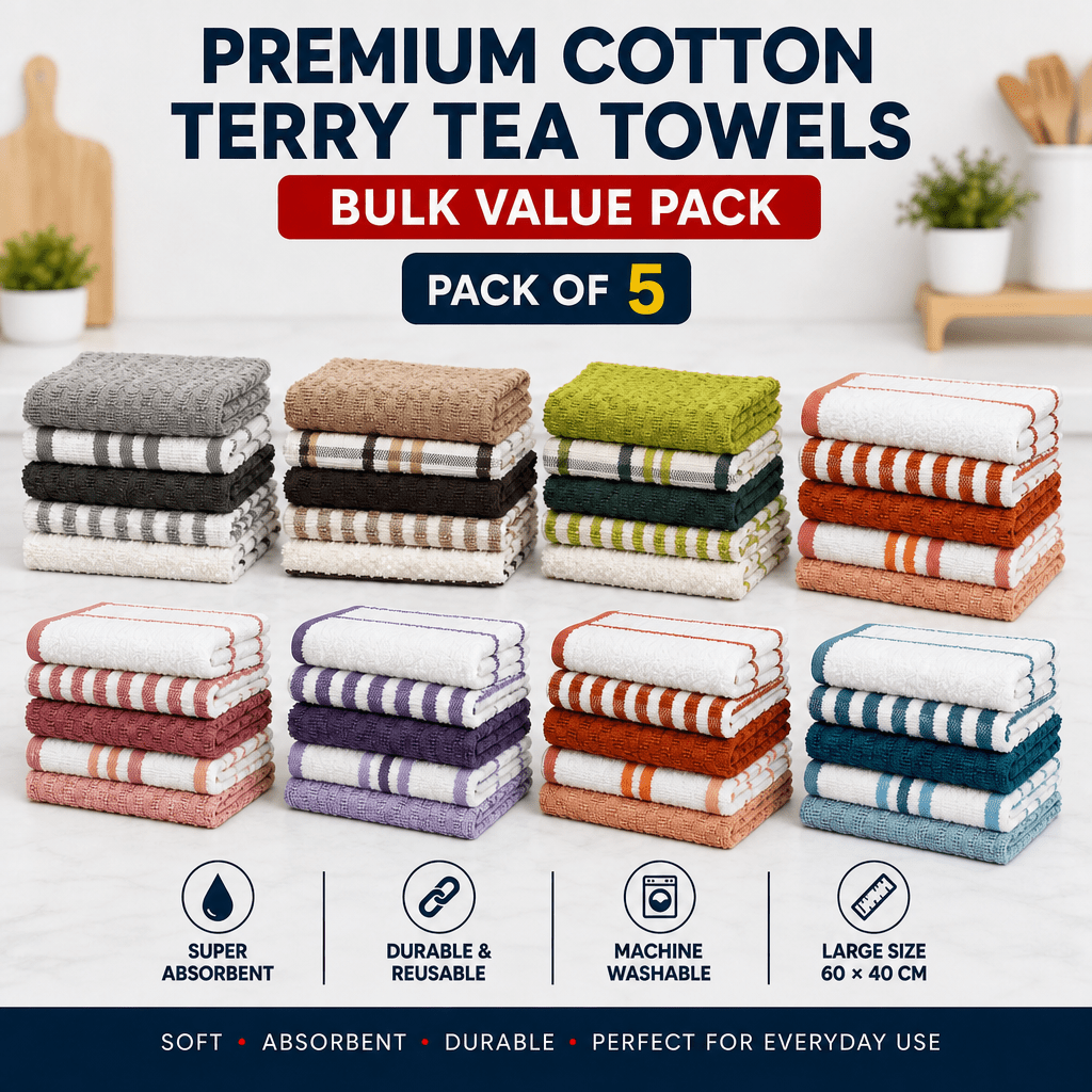 OLIVIA ROCCO 5 Pack Cotton Terry Kitchen Towels 45x65cm Super Absorbent Quick Drying - Joe’s Haven