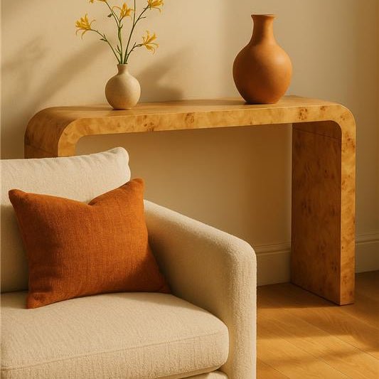 Natural Burl Wood Curved Console Table with Smooth Curved Edges, Mota - Joe’s Haven