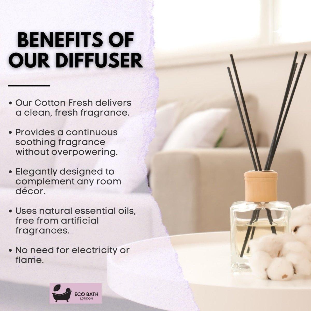 Eco Bath London Cotton Fresh Reed Diffuser 100ml (3.38 Fl.Oz) - Luxurious Calming Reed Diffuser for Home Fragrance - Joe’s Haven