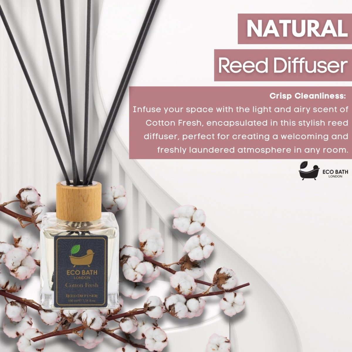 Eco Bath London Cotton Fresh Reed Diffuser 100ml (3.38 Fl.Oz) - Luxurious Calming Reed Diffuser for Home Fragrance - Joe’s Haven