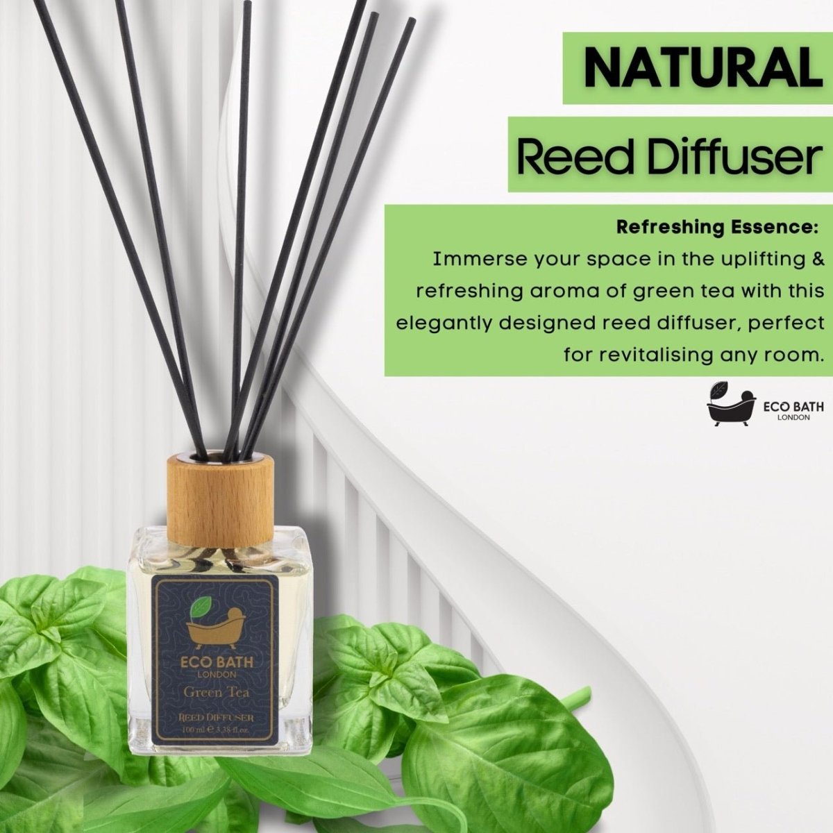 Eco Bath London Green Tea Reed Diffuser - Refreshing Room Fragrance with Notes of Bergamot and Green Tea, 100ml (3.38 Fl.Oz) - Joe’s Haven