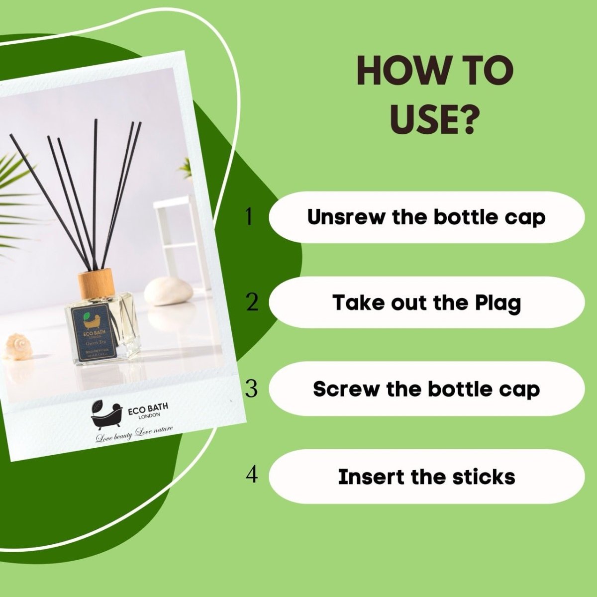 Eco Bath London Green Tea Reed Diffuser - Refreshing Room Fragrance with Notes of Bergamot and Green Tea, 100ml (3.38 Fl.Oz) - Joe’s Haven