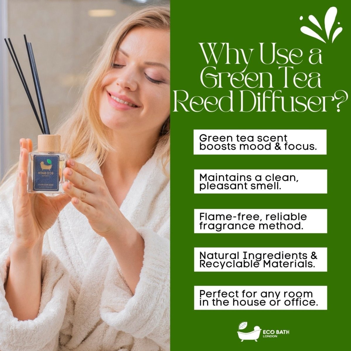 Eco Bath London Green Tea Reed Diffuser - Refreshing Room Fragrance with Notes of Bergamot and Green Tea, 100ml (3.38 Fl.Oz) - Joe’s Haven