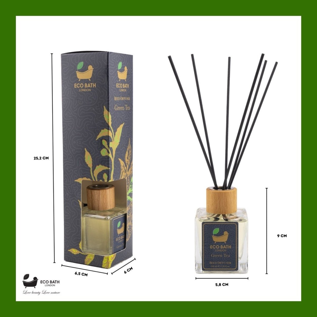 Eco Bath London Green Tea Reed Diffuser - Refreshing Room Fragrance with Notes of Bergamot and Green Tea, 100ml (3.38 Fl.Oz) - Joe’s Haven