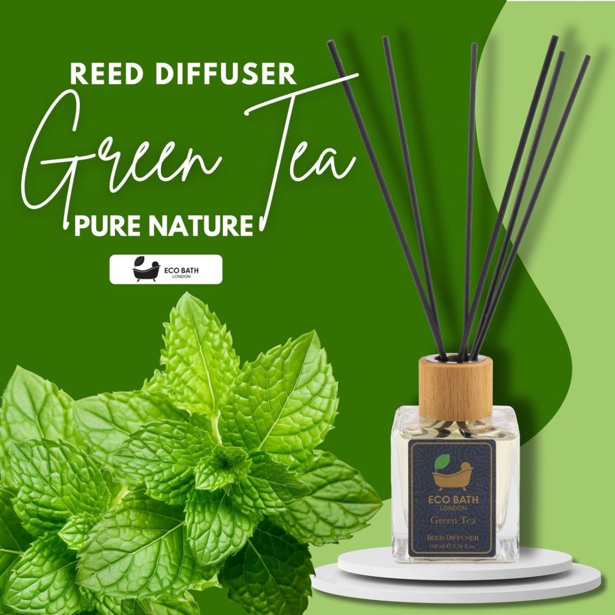 Eco Bath London Green Tea Reed Diffuser - Refreshing Room Fragrance with Notes of Bergamot and Green Tea, 100ml (3.38 Fl.Oz) - Joe’s Haven
