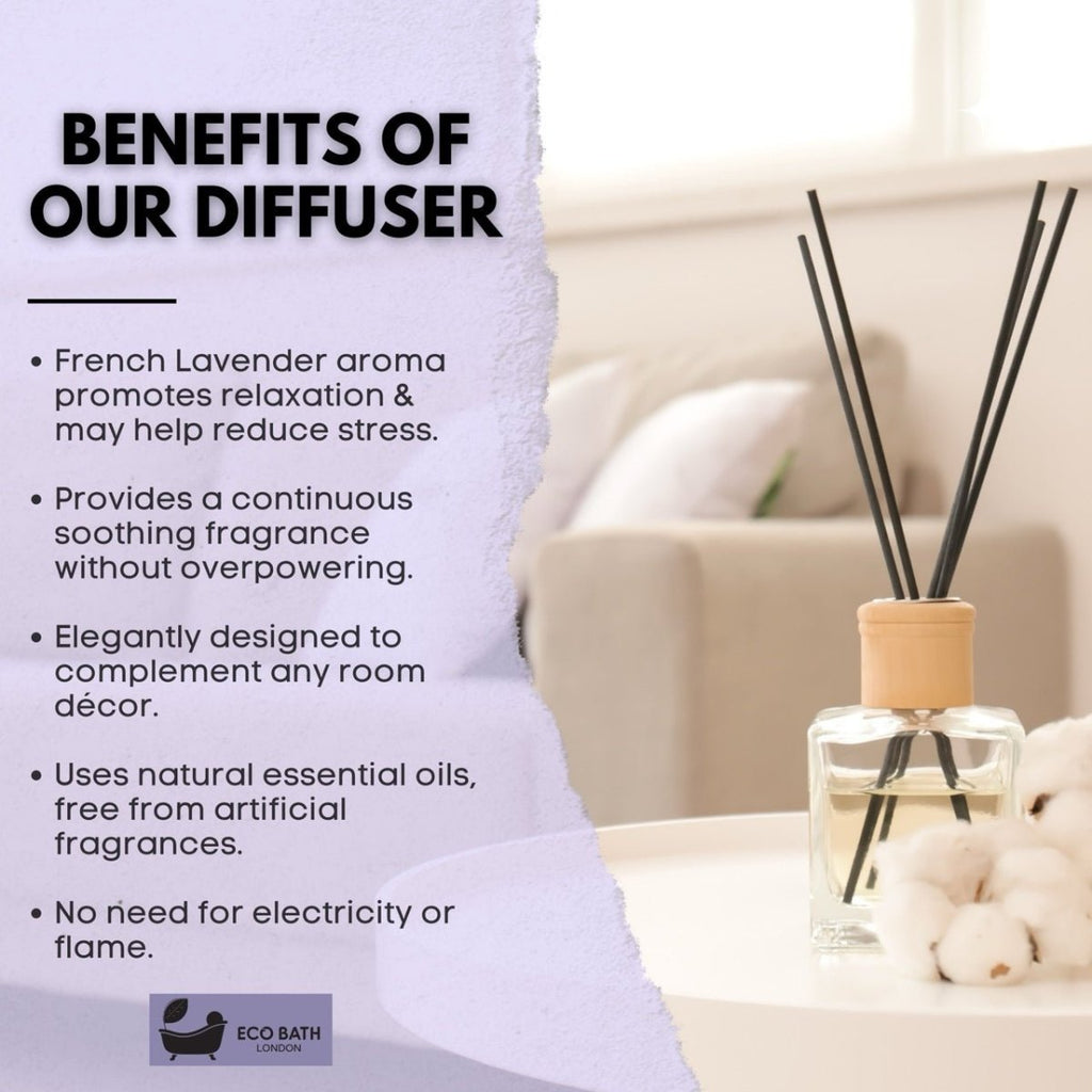 Eco Bath London French Lavender Reed Diffuser - Luxurious Home Fragrance with Natural Essential French Lavender Oil, 100ml (3.38 Fl.Oz) - Joe’s Haven