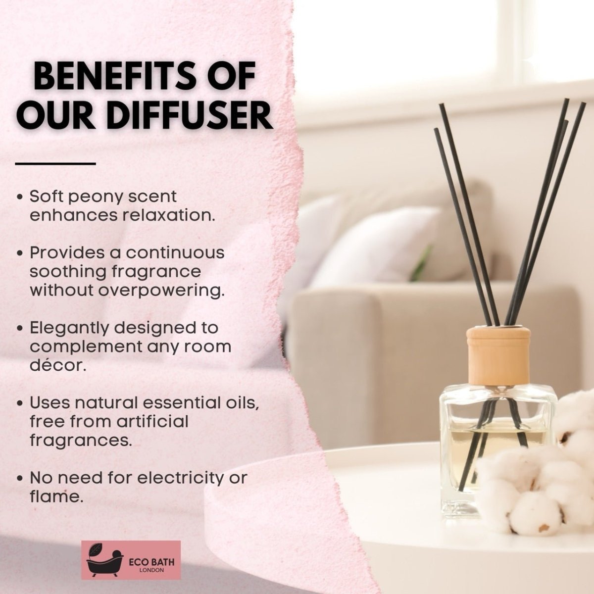 Eco Bath London Peony Reed Diffuser - Beautiful Bouquet of Peonies Fragrance, Intensive, Fresh & Long Lasting Room Diffuser, 100ml (3.38 Fl.Oz) - Joe’s Haven