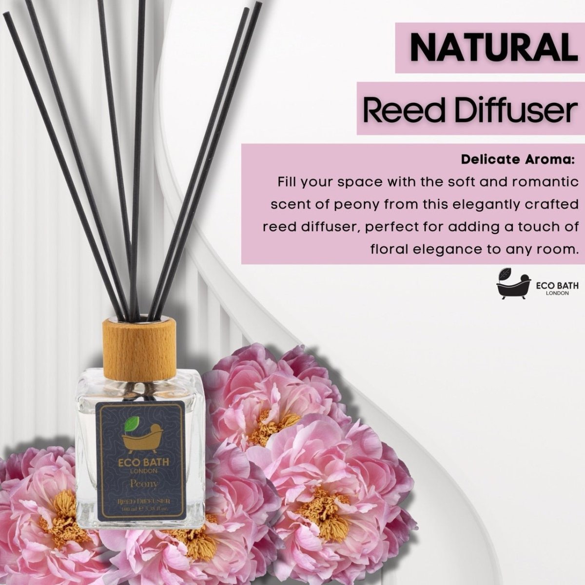 Eco Bath London Peony Reed Diffuser - Beautiful Bouquet of Peonies Fragrance, Intensive, Fresh & Long Lasting Room Diffuser, 100ml (3.38 Fl.Oz) - Joe’s Haven