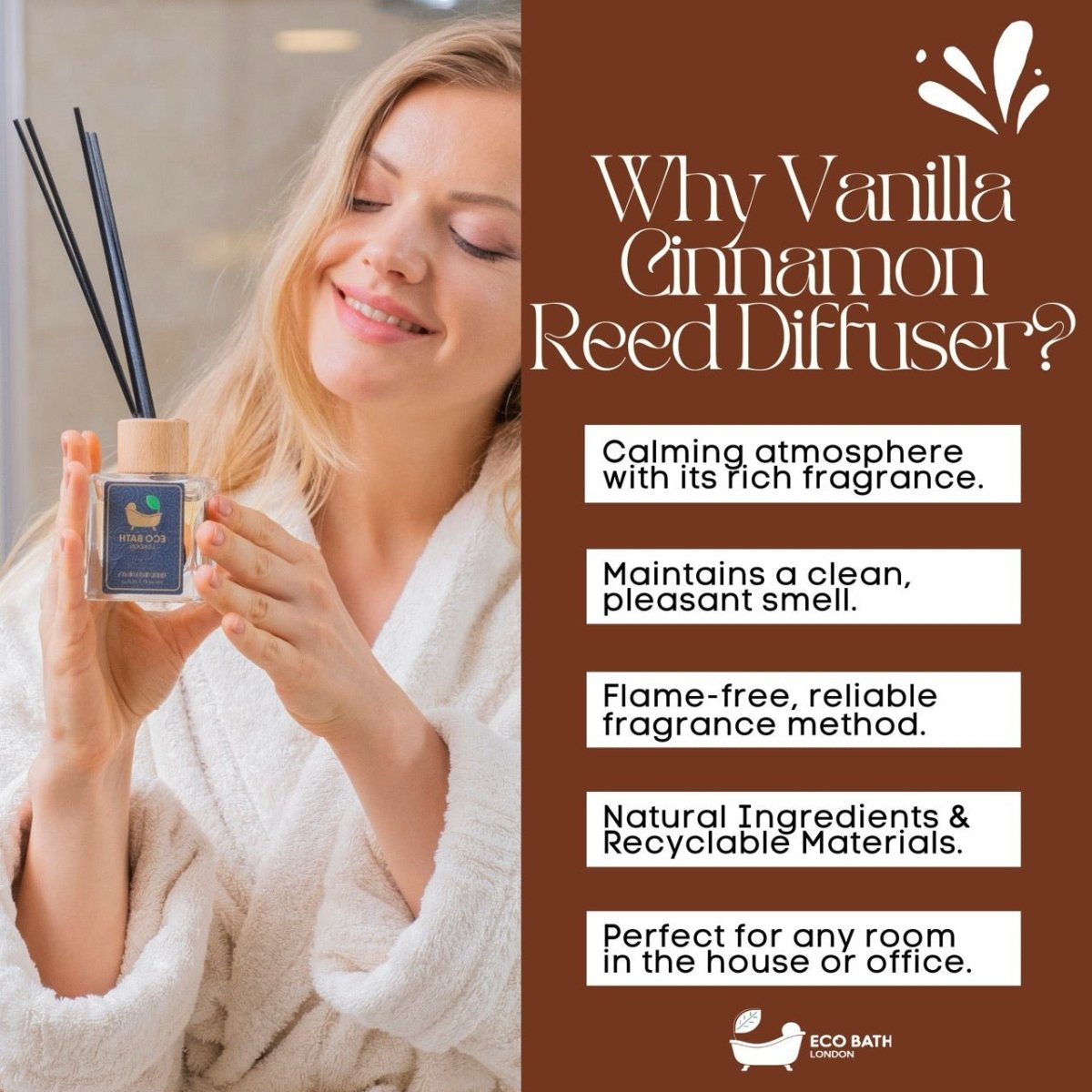 Eco Bath London Vanilla Cinnamon Reed Diffuser - Luxurious Herbal Scent of Cinnamon and Vanilla, Long Lasting Room Diffuser, 100ml (3.38 Fl.Oz) - Joe’s Haven