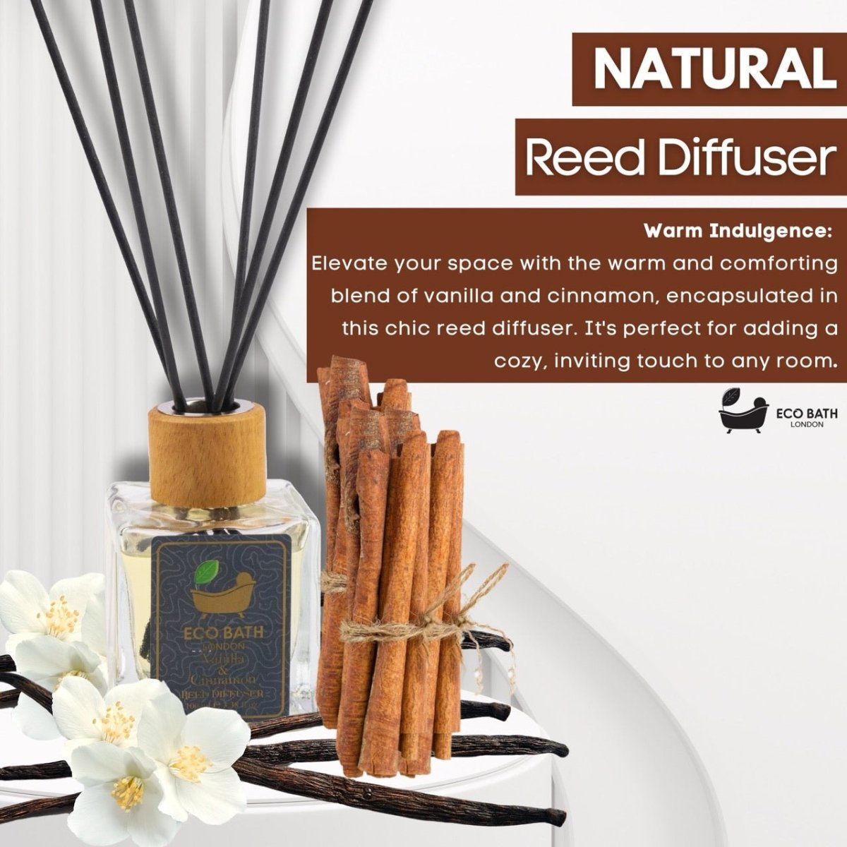 Eco Bath London Vanilla Cinnamon Reed Diffuser - Luxurious Herbal Scent of Cinnamon and Vanilla, Long Lasting Room Diffuser, 100ml (3.38 Fl.Oz) - Joe’s Haven