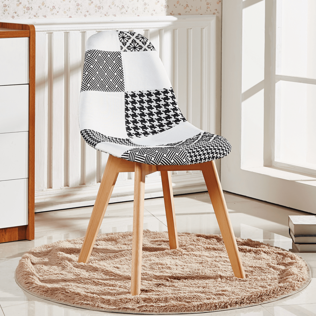 5PCs Dining Set - a Halo Dining Table & Set of 4 Black/White Tulip Patchwork Accent Chairs - Joe’s Haven
