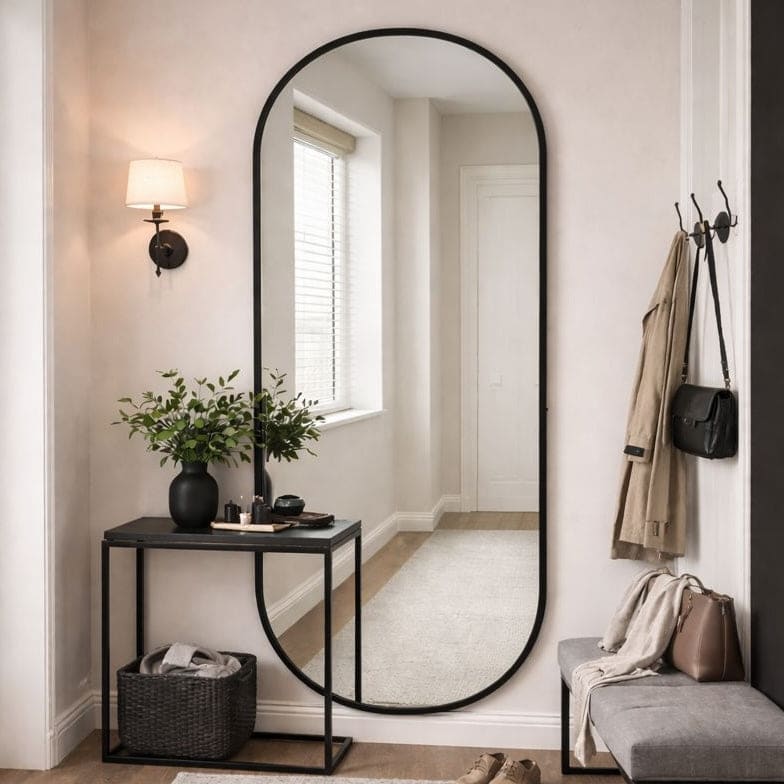 Emi - Full Length Black Metal Runway Oval Mirror - 180cm x 80cm - Joe’s Haven