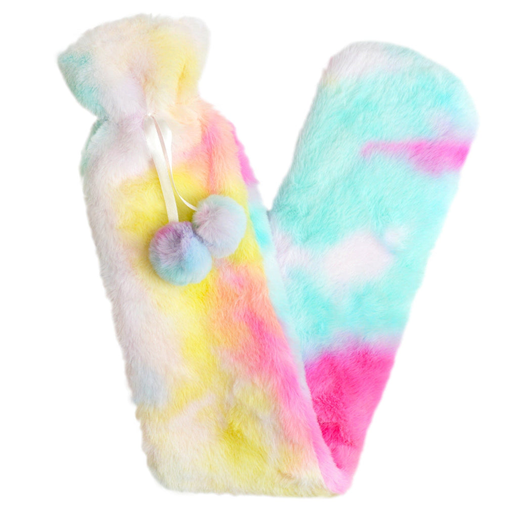 Extra Long Rainbow Tie Dye 2L Hot Water Bottle with Soft Faux Fur Cover