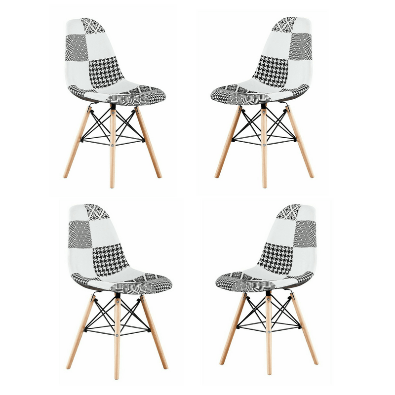 Black/White Patchwork Modern Dining Chair with Wooden Legs & Black Metal Wire Frame - Joe’s Haven