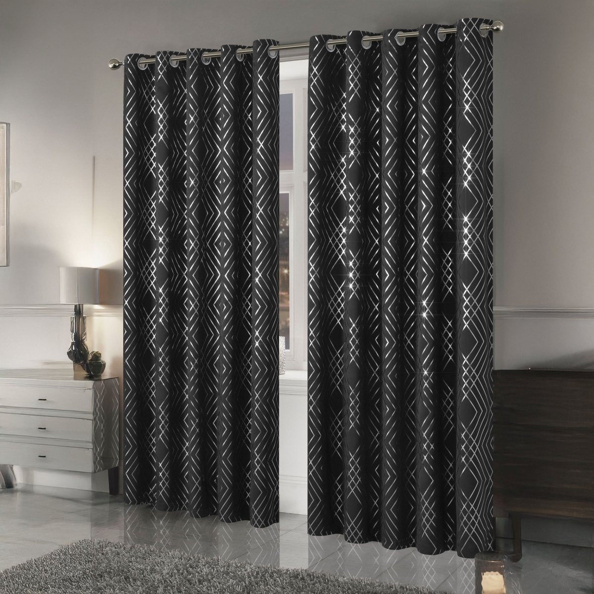 Geometric Black Sparkle Blackout Curtains Eyelet Ring Top - Joe’s Haven