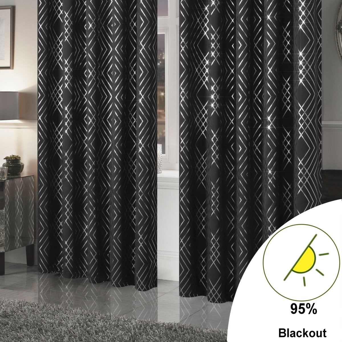 Geometric Black Sparkle Blackout Curtains Eyelet Ring Top - Joe’s Haven