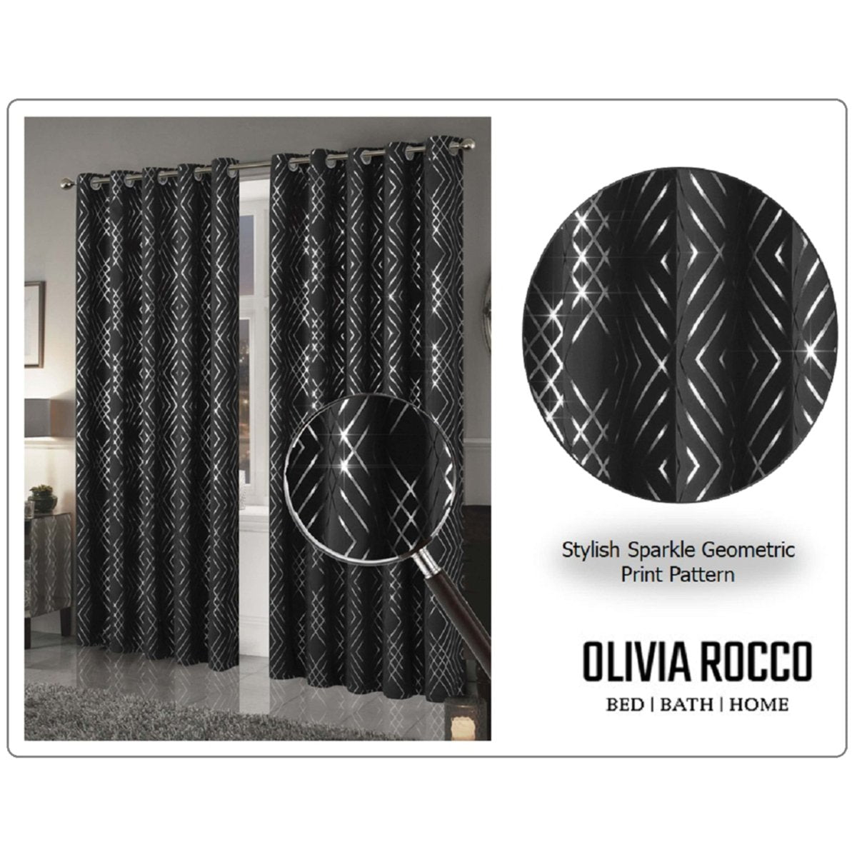 Geometric Black Sparkle Blackout Curtains Eyelet Ring Top - Joe’s Haven