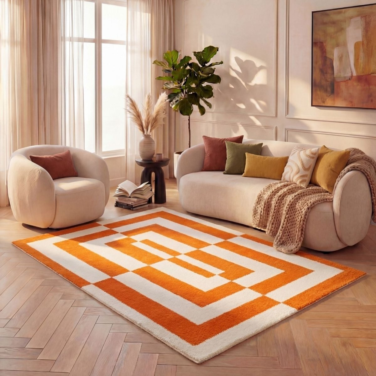 Joli Geometric Orange & White Rug - Joe’s Haven