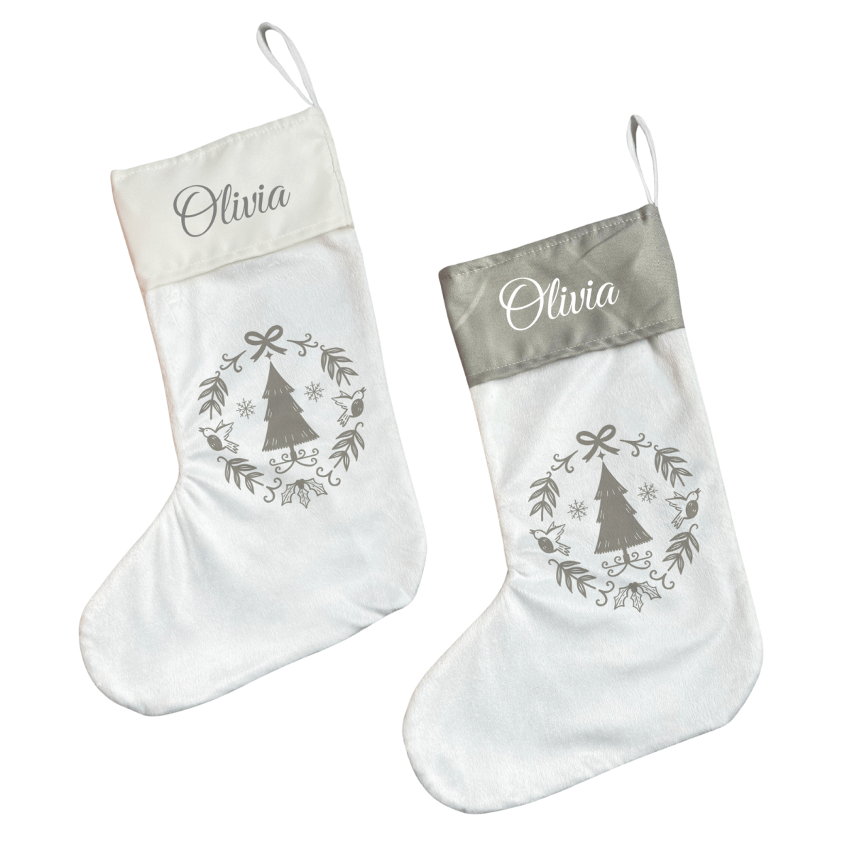 Personalised Christmas Stocking - Grey Scandi Wreath - Joe’s Haven