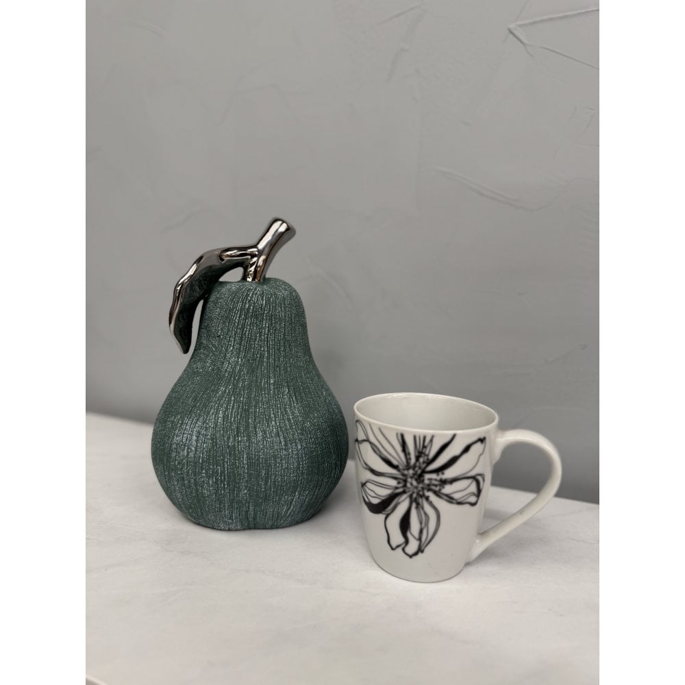 Hand - Cast Ceramic Giant Pear Sculpture - Green Textured Finish with Silver Glazed Leaf - Joe’s Haven