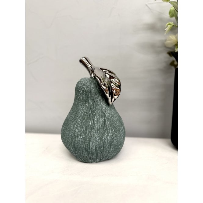 Hand - Cast Ceramic Giant Pear Sculpture - Green Textured Finish with Silver Glazed Leaf - Joe’s Haven