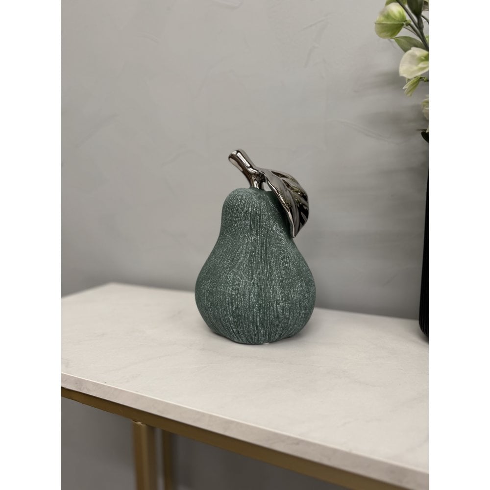 Hand - Cast Ceramic Giant Pear Sculpture - Green Textured Finish with Silver Glazed Leaf - Joe’s Haven