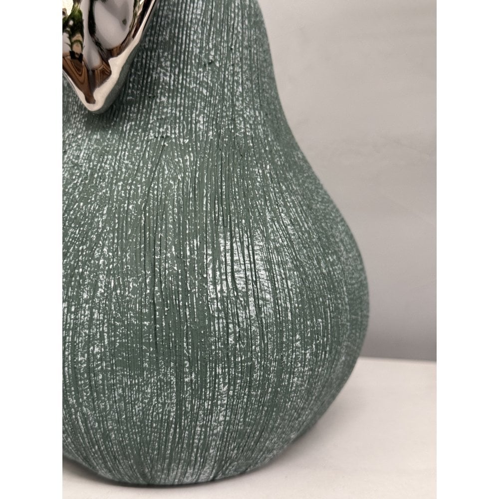 Hand - Cast Ceramic Giant Pear Sculpture - Green Textured Finish with Silver Glazed Leaf - Joe’s Haven