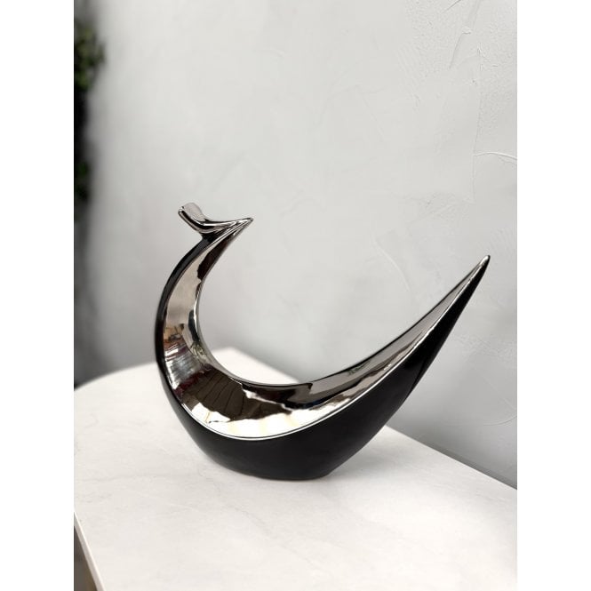 Hand Casted Ceramic Abstract Bird Sculpture - Black & Silver Glossy Finish - Joe’s Haven
