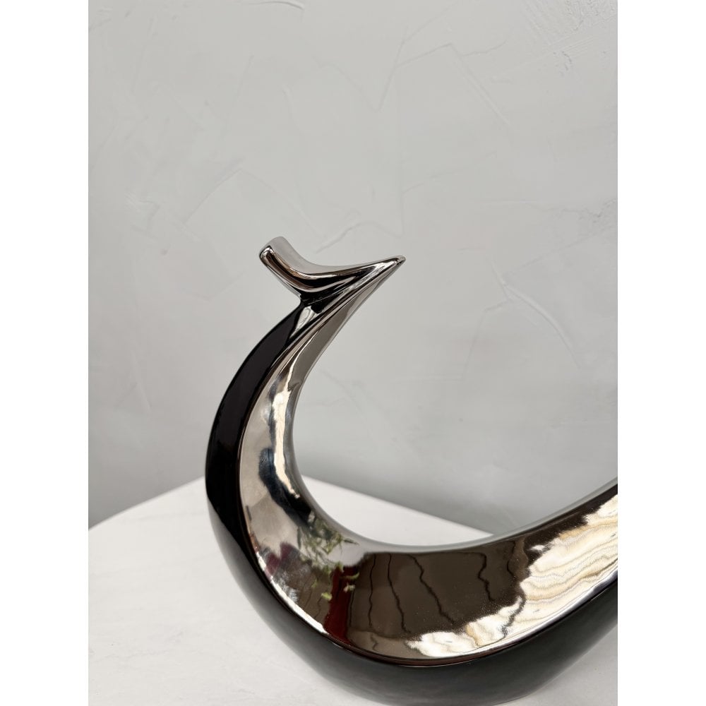 Hand Casted Ceramic Abstract Bird Sculpture - Black & Silver Glossy Finish - Joe’s Haven