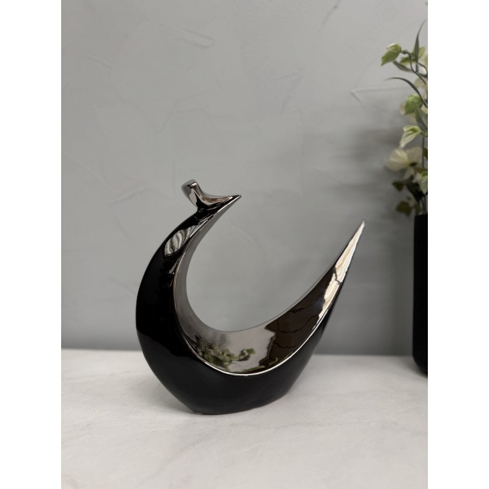 Hand Casted Ceramic Abstract Bird Sculpture - Black & Silver Glossy Finish - Joe’s Haven