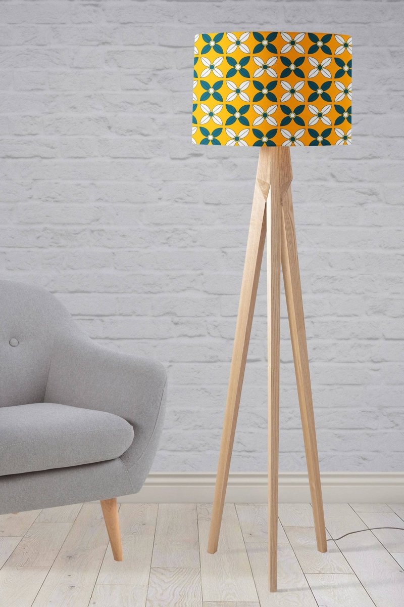 Yellow Lampshade with a Retro Blue and White Design, Ceiling or Table Lamp Shade - Joe’s Haven
