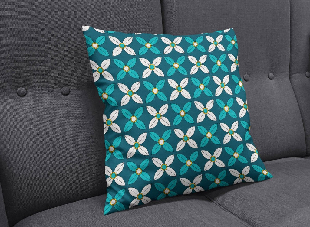 Dark Blue Cushion with White and Blue Geometric Floral Design, Throw Pillow - Joe’s Haven