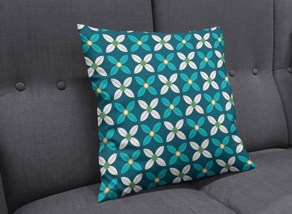 Dark Blue Cushion with White and Blue Geometric Floral Design, Throw Pillow - Joe’s Haven