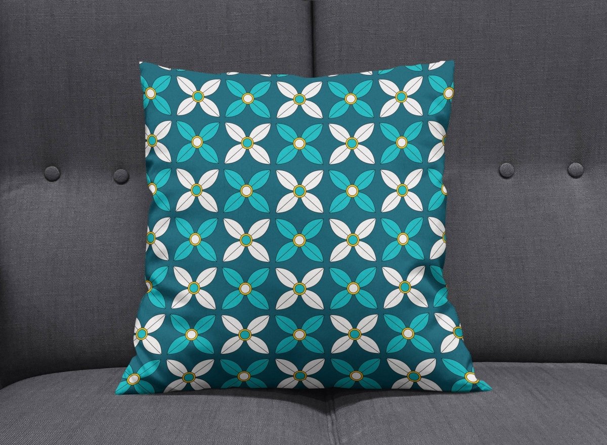Dark Blue Cushion with White and Blue Geometric Floral Design, Throw Pillow - Joe’s Haven