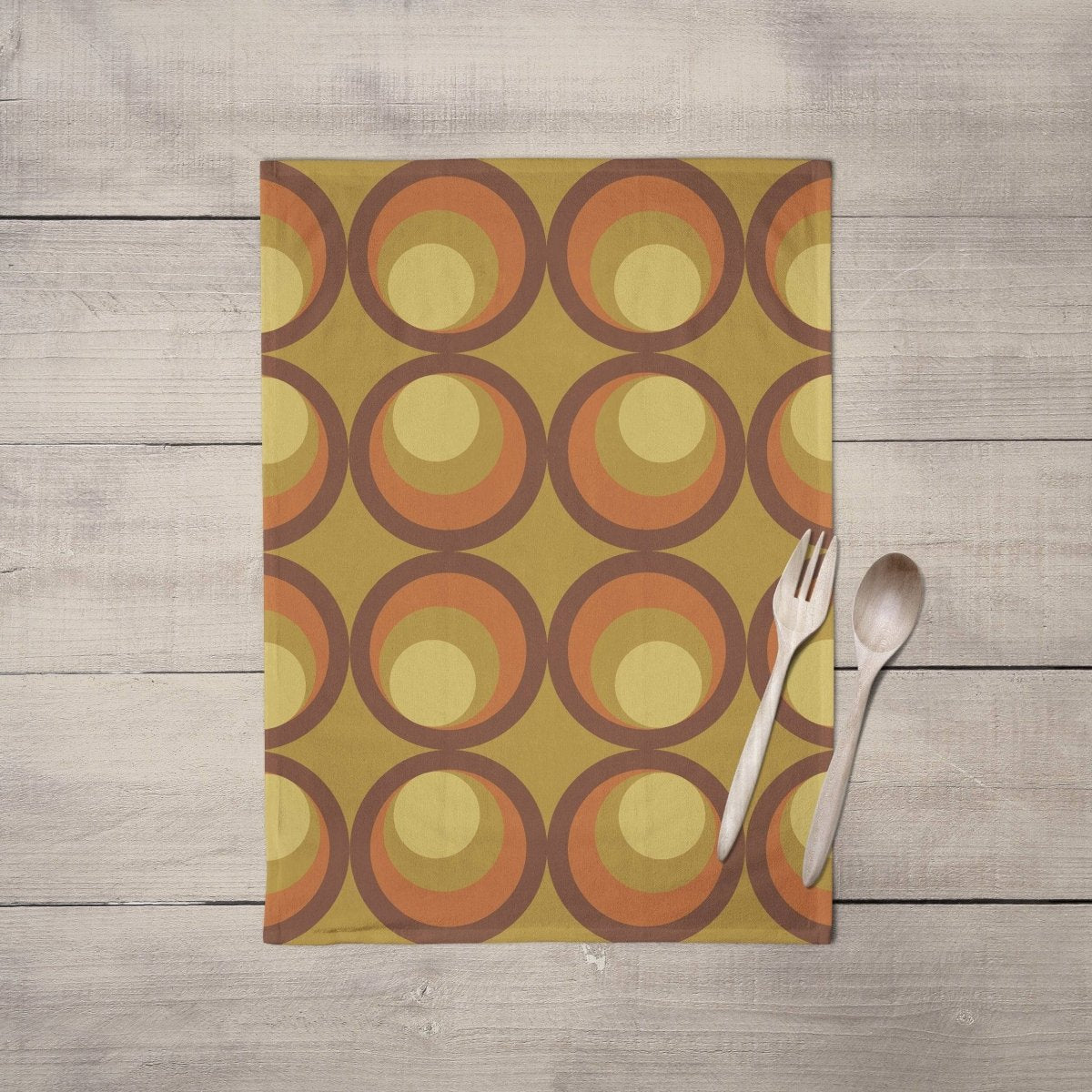 Mustard Yellow Tea Towel with Orange and Brown Retro Design, Dish Towels, Kitchen Towels - Joe’s Haven