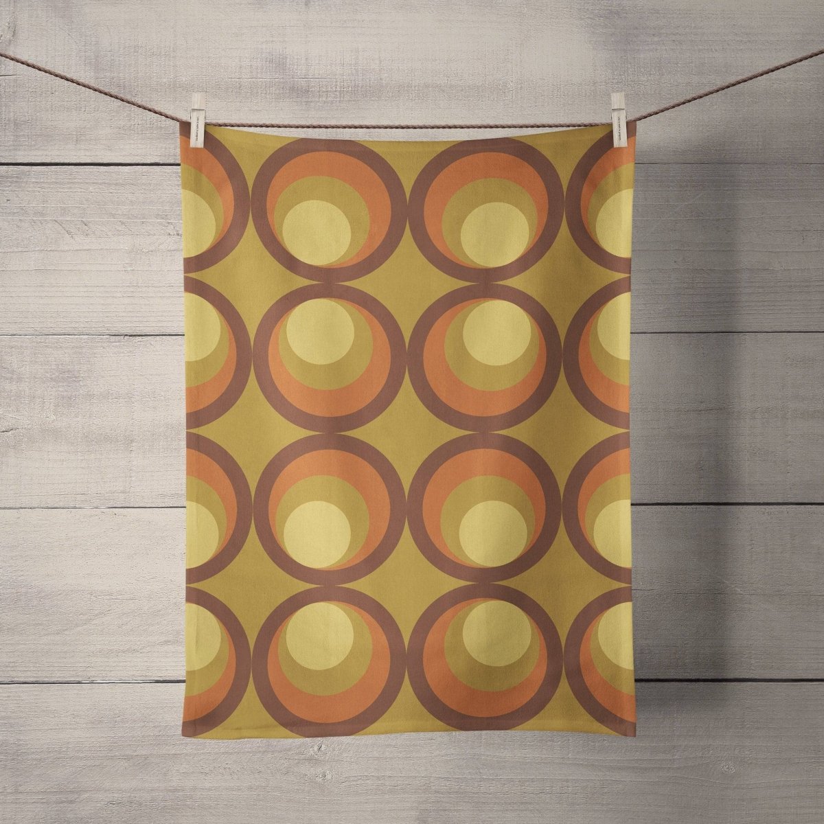 Mustard Yellow Tea Towel with Orange and Brown Retro Design, Dish Towels, Kitchen Towels - Joe’s Haven