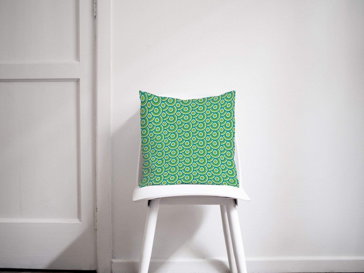 Green Cushion with a Green and Blue Circles 70's Retro Design, Throw Pillow - Joe’s Haven