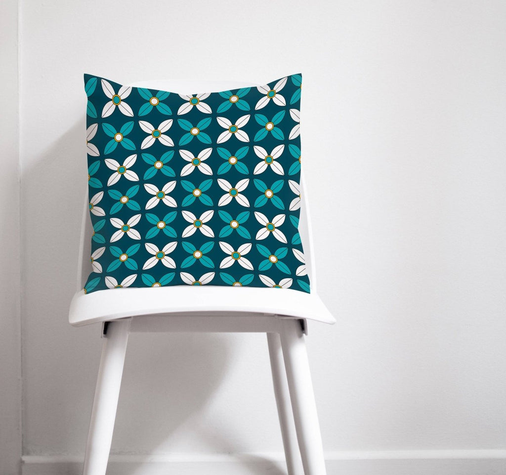 Dark Blue Cushion with White and Blue Geometric Floral Design, Throw Pillow - Joe’s Haven