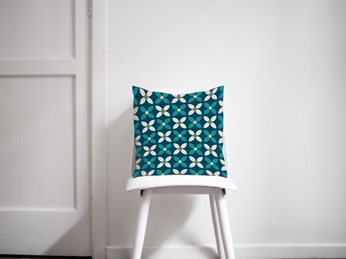 Dark Blue Cushion with White and Blue Geometric Floral Design, Throw Pillow - Joe’s Haven
