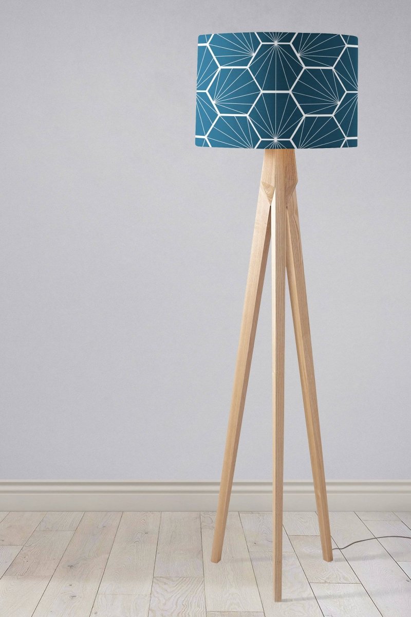 Peacock Blue Lampshade with a White Hexagon Design, Ceiling or Table Lamp Shade - Joe’s Haven