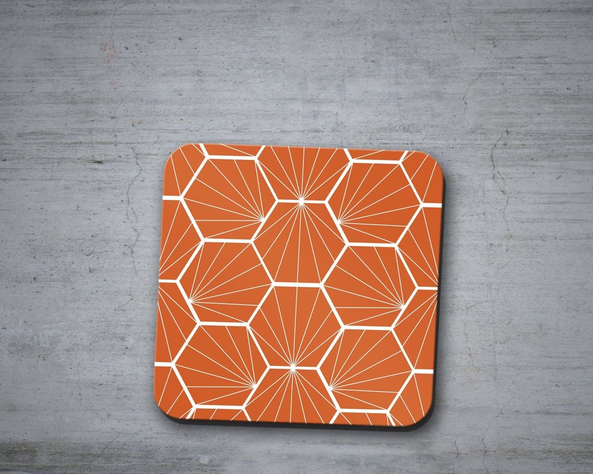 Orange Coasters with a White Hexagon Design, Table Decor Drinks Mat - Joe’s Haven