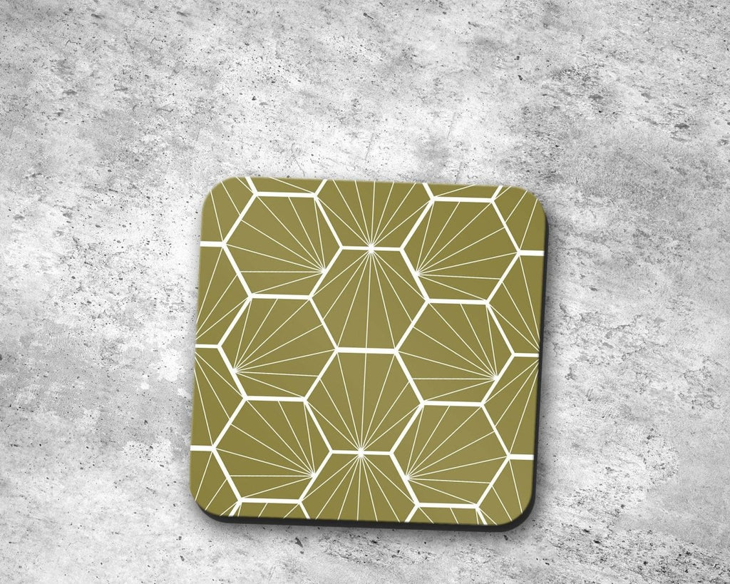 Olive Green Coasters with a White Hexagon Design, Table Decor Drinks Mat - Joe’s Haven