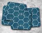Peacock Blue Coasters with White Hexagon Design, Table Decor Drinks Mat - Joe’s Haven