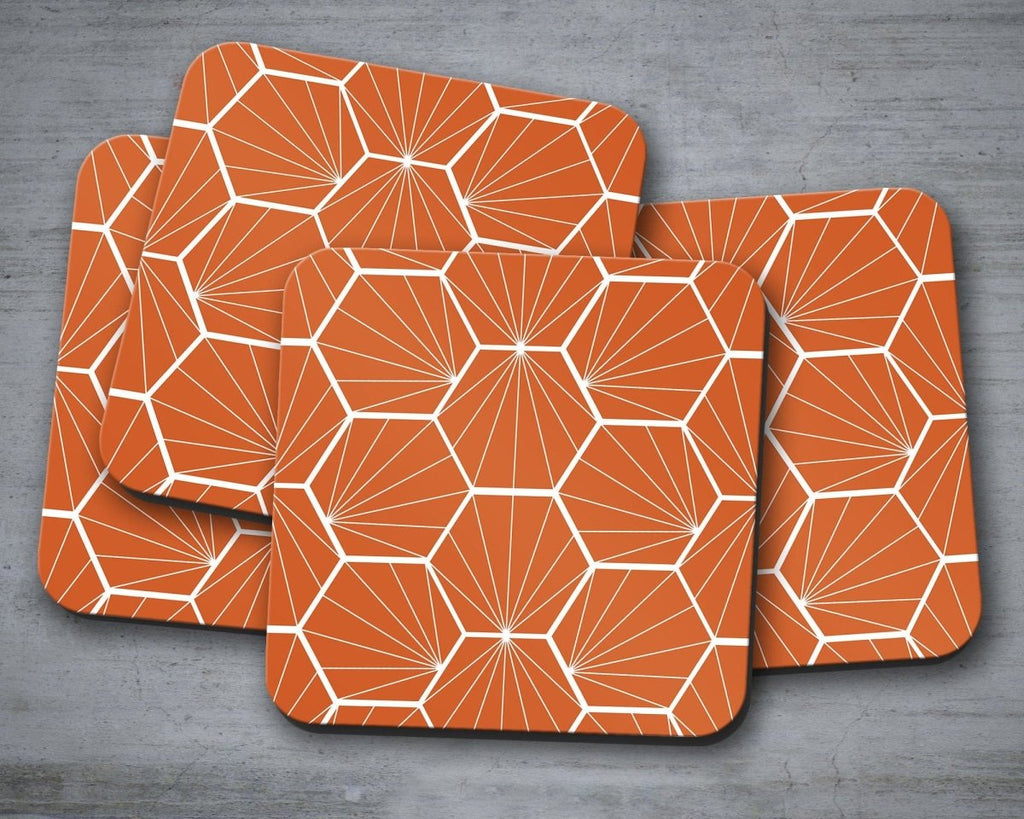 Orange Coasters with a White Hexagon Design, Table Decor Drinks Mat - Joe’s Haven